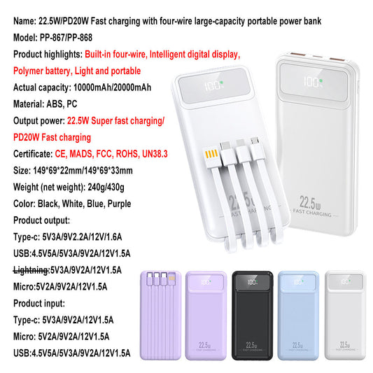New Hot Sale Power Banks for Phone with Charging Cable 22.5W Super Fast Charging Portable Power Bank 20000mAh 10000mAh