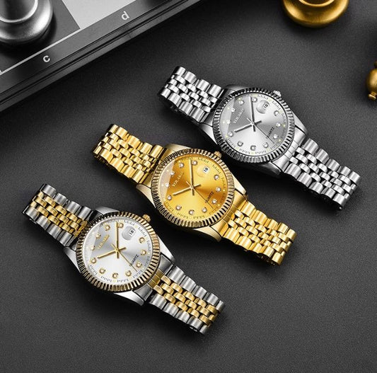 NJC Gold Diamond Quartz Watch for Couples Luxury New Design 40mm Glass Dial Display Simple Style Reloj Para Hombre Uhren Women